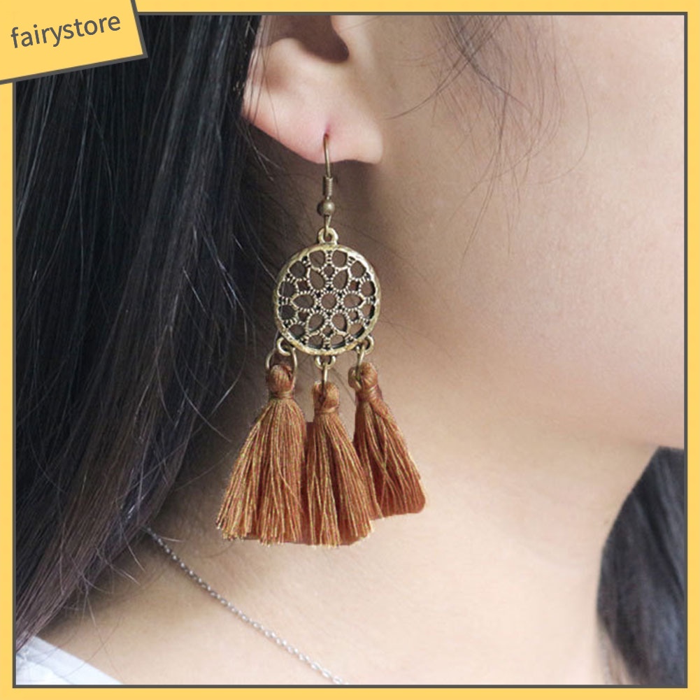 Bông Tai Dáng Dài Phối Tua Rua Phong Cách Vintage Cho Nữ