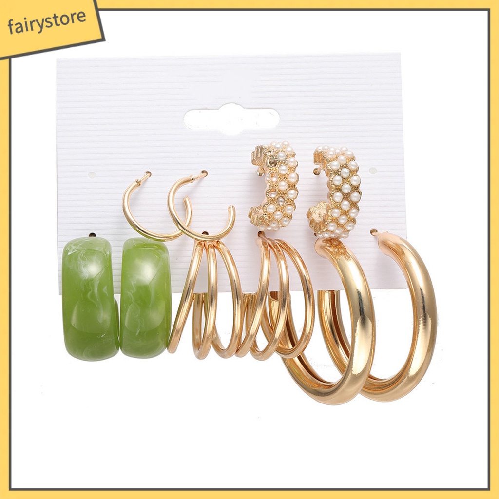 Set 5 Đôi Bông Tai Tròn Bằng Kim Loại Đính Ngọc Trai Nhân Tạo Phong Cách Bohemian