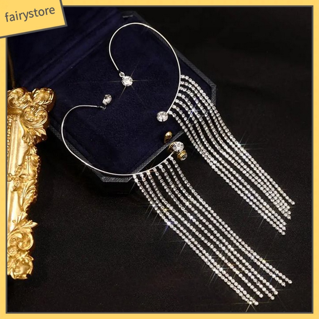 1 Khuyên Kẹp Vành Tai Đính Đá Phối Tua Rua Đơn Giản Thời Trang Đám Cưới