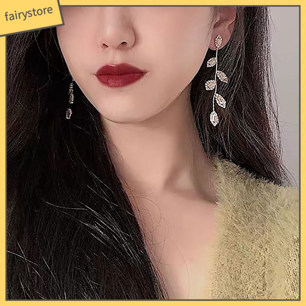 1 Đôi Bông Tai Hình Chiếc Lá Bằng Hợp Kim Đính Đá Zircon Dành Cho Nữ