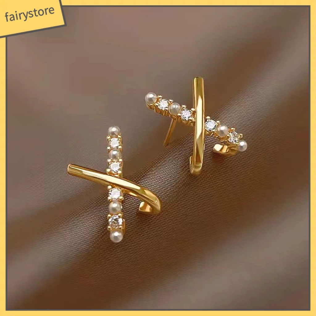 [FRO] 1 Đôi Bông Tai Đinh Tán Mạ Điện Thiết Kế Hình Học Chéo Đính Ngọc Trai Giả Sáng Bóng Nhẹ Nhàng Mặc Hàng Ngày