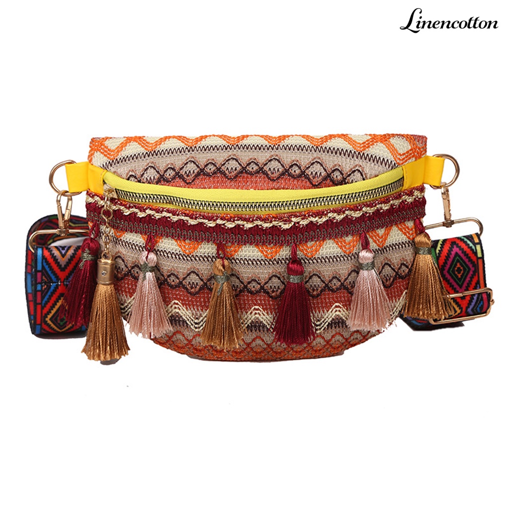 Túi Đeo Chéo Ngực Khóa Kéo Phối Tua Rua Phong Cách Bohemian