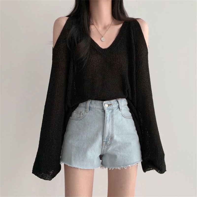 Áo sweatshirt XINLANYASHE tay dài trễ vai cổ chữ V dáng rộng phong cách ngọt ngào thời trang chống nắng