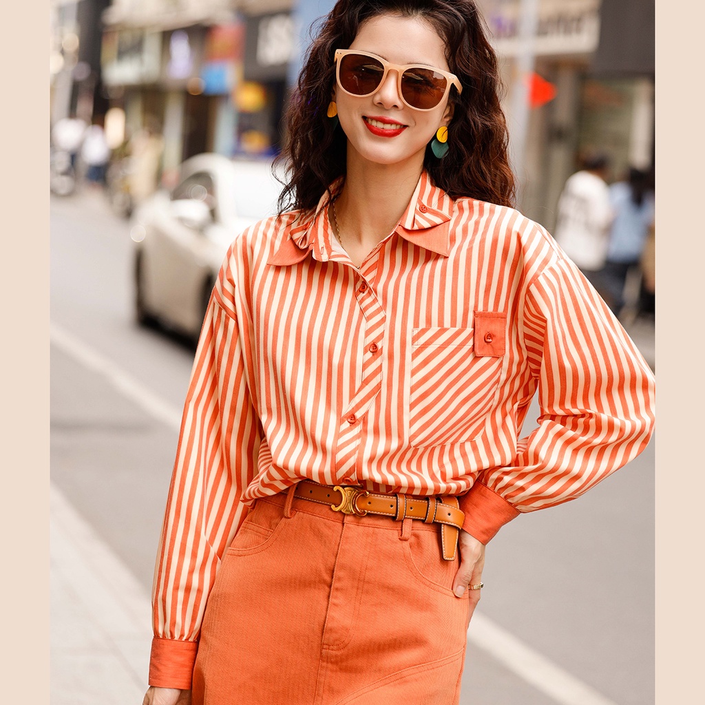 Set Áo Sơ Mi Kẻ Sọc Dài Tay Và Chân Váy Dài Phong Cách Mới 2023