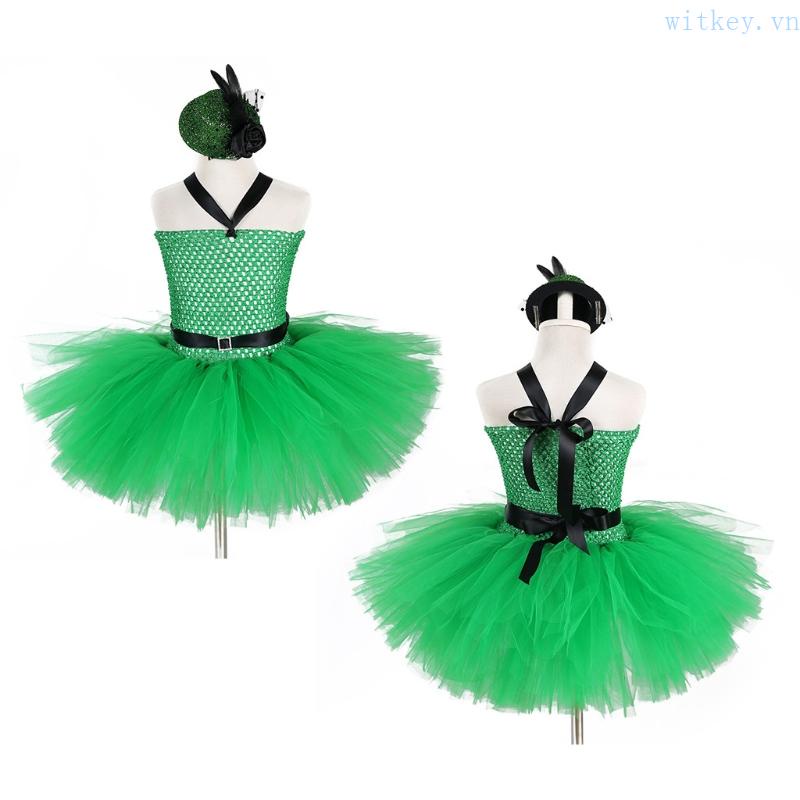 Bộ Trang Phục Hóa Trang Gồm Đầm Tutu Màu Xanh Lá + Mũ Mini Phối Lông Vũ