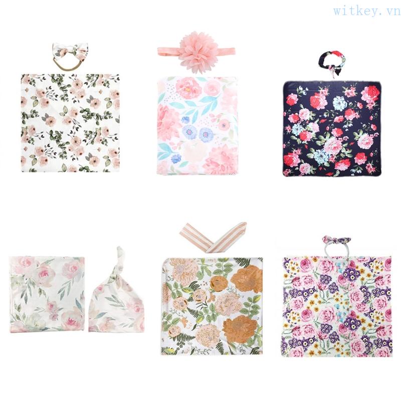 Bộ 2 Món Chăn Quấn Và Băng Đô Bằng Cotton Mềm Mại In Hoa Dành Cho Em Bé Sơ Sinh