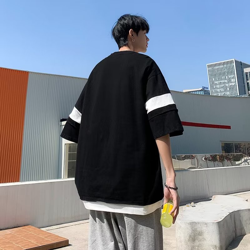 Áo Thun Nam Tay Ngắn Giả Hai Lớp Phong Cách Hong Kong