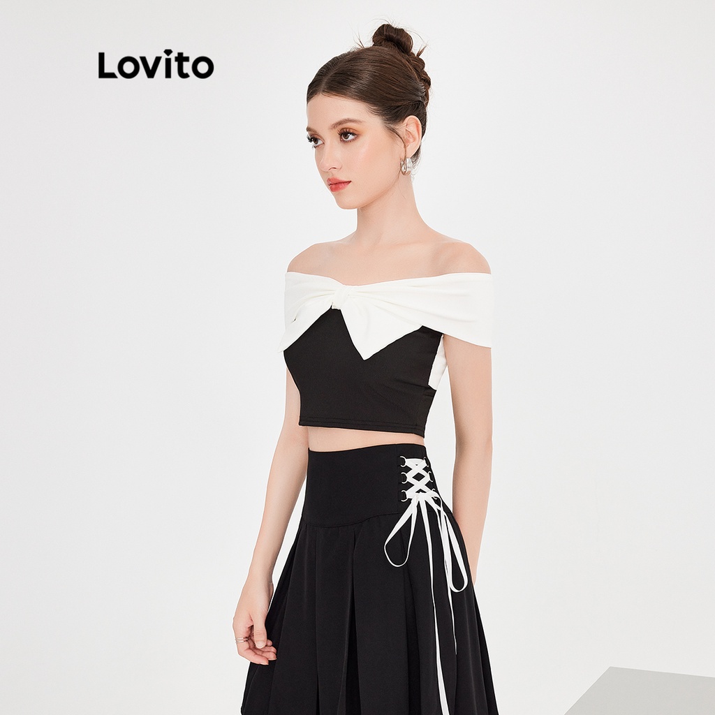 Áo không tay Lovito ghép nối màu sắc phối nơ màu trơn dễ thương cho nữ L51ED068 (Màu trắng và đen)