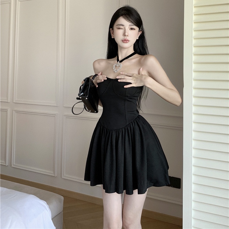 Đầm Ngắn Hai Dây Màu Đen Phong Cách Pháp Thời Trang Mùa Hè Xinh Xắn Cho Nữ