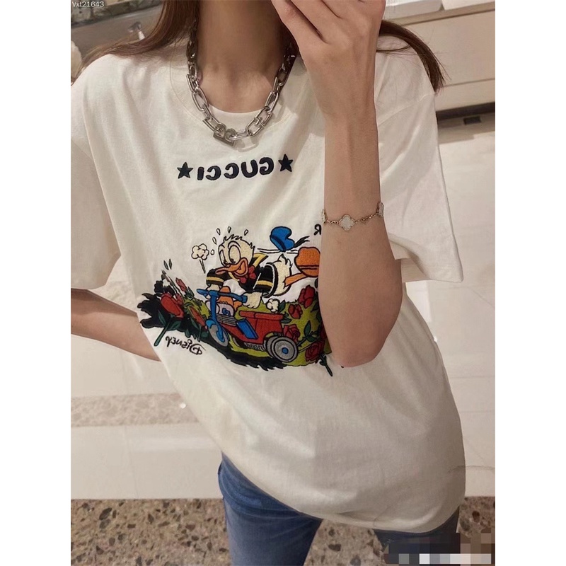 Áo Thun Tay Ngắn Thêu Họa Tiết Vịt Donald / Hoa Hồng Thời Trang