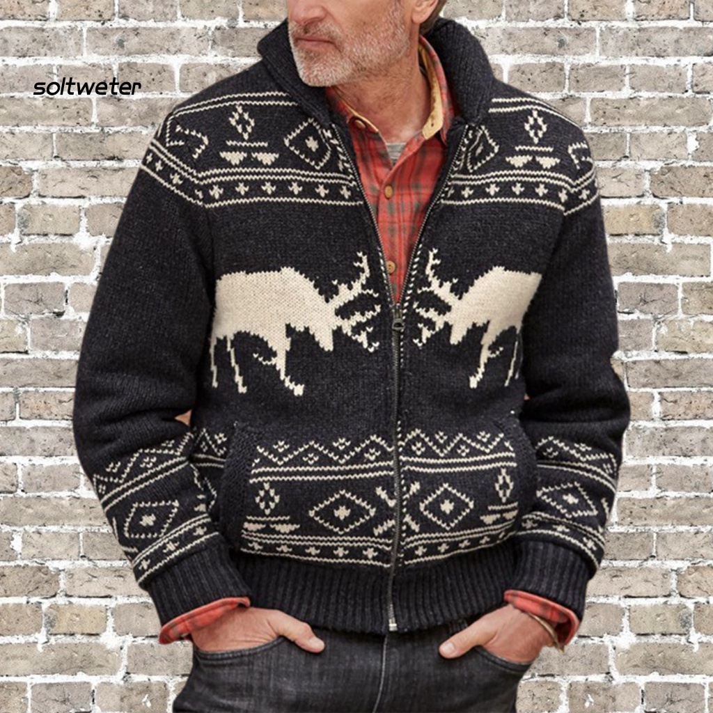 Áo Khoác Dệt Kim Dày Cổ Đứng In Họa Tiết Tuần Lộc Giáng Sinh Ấm Áp Cho Nam