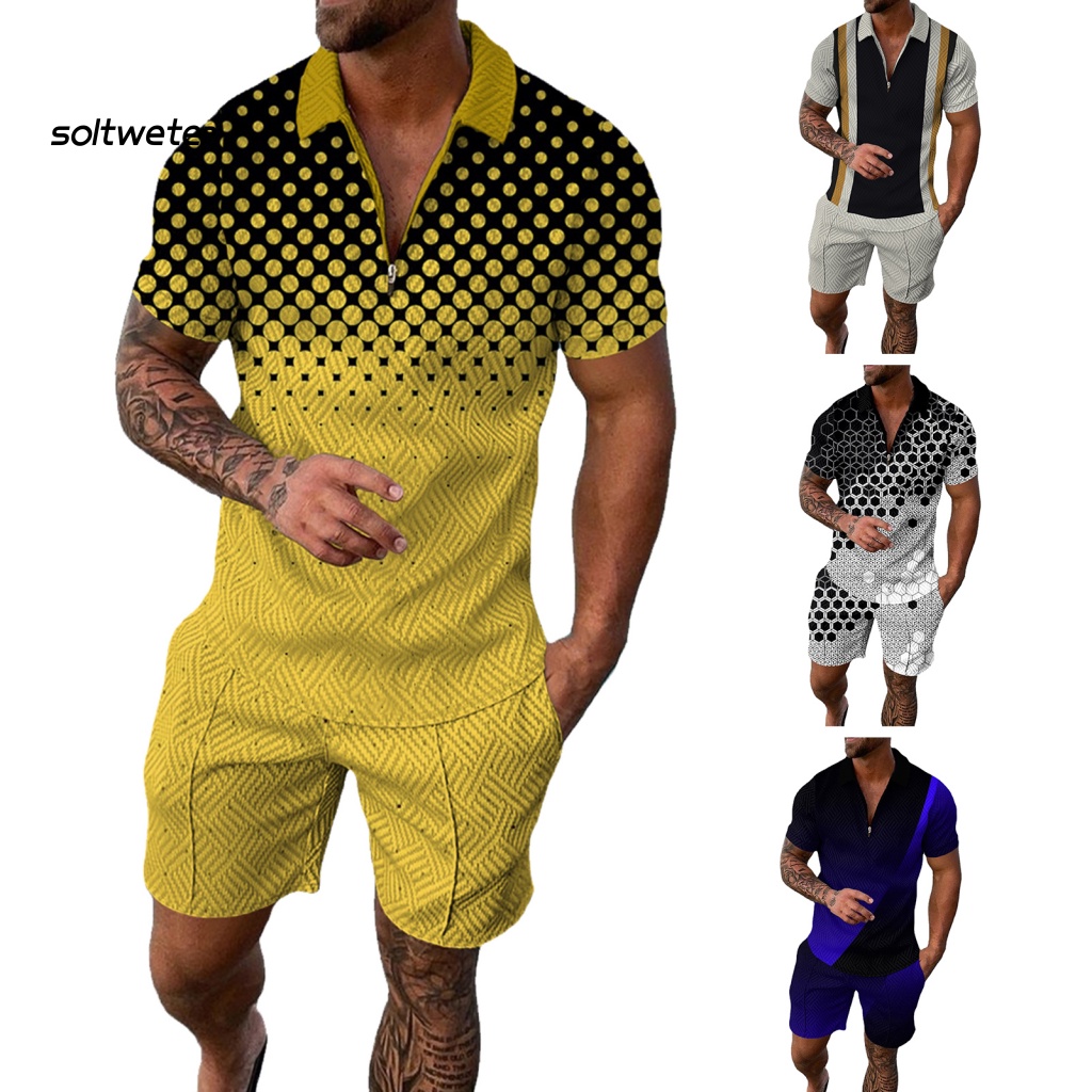 1 Bộ Đồ Thể Thao Đi Biển Mùa Hè Gồm Áo Cổ Bẻ In Họa Tiết Kỹ Thuật Số + Quần Short Có Túi Cho Nam