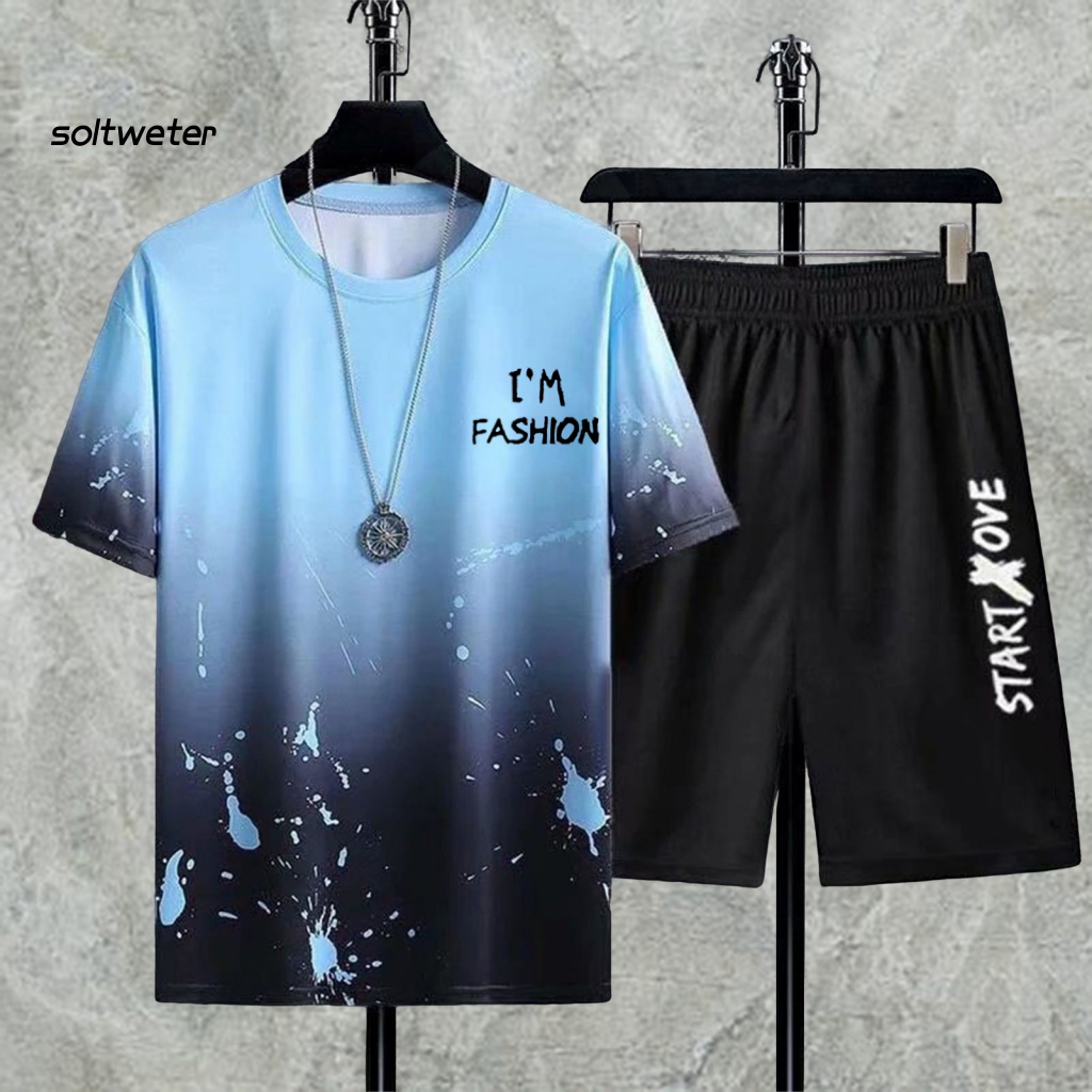 Bộ Trang Phục 2 Mảnh Gồm Áo Thun Tay Ngắn Cổ Tròn Màu Sắc Gradient Thời Trang Mùa Hè Cho Nam