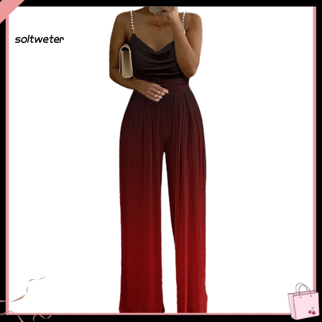 Bộ Áo Liền Quần Hai Dây Dáng Rộng In Hoa Đính Ngọc Trai Nhân Tạo Thời Trang Đường Phố Cho Nữ