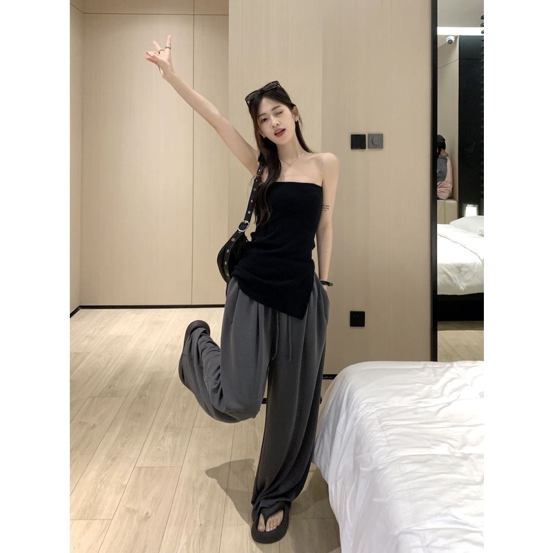 Set Áo Bra Xẻ Tà + Quần Dài Lưng Cao Ống Rộng Thời Trang Mùa Hè Cho Nữ