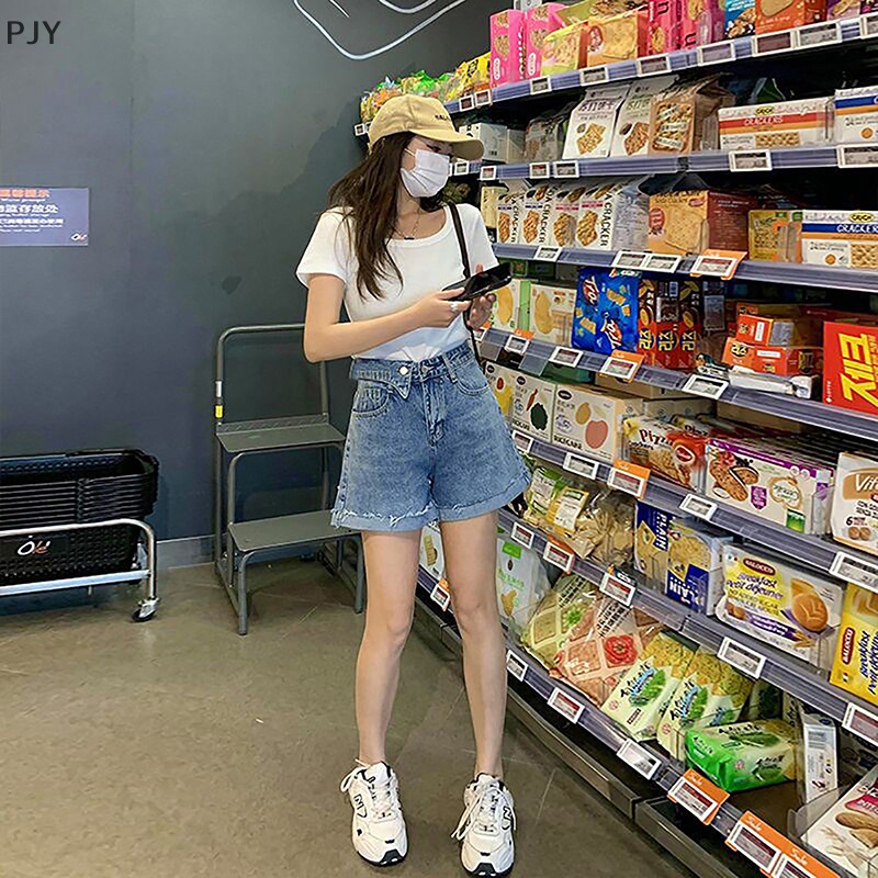 Quần Short Jean Lưng Cao Co Giãn Màu Trơn Đơn Giản Thời Trang Mùa Hè 2023 Phong Cách Hàn Quốc Cho Nữ PJ