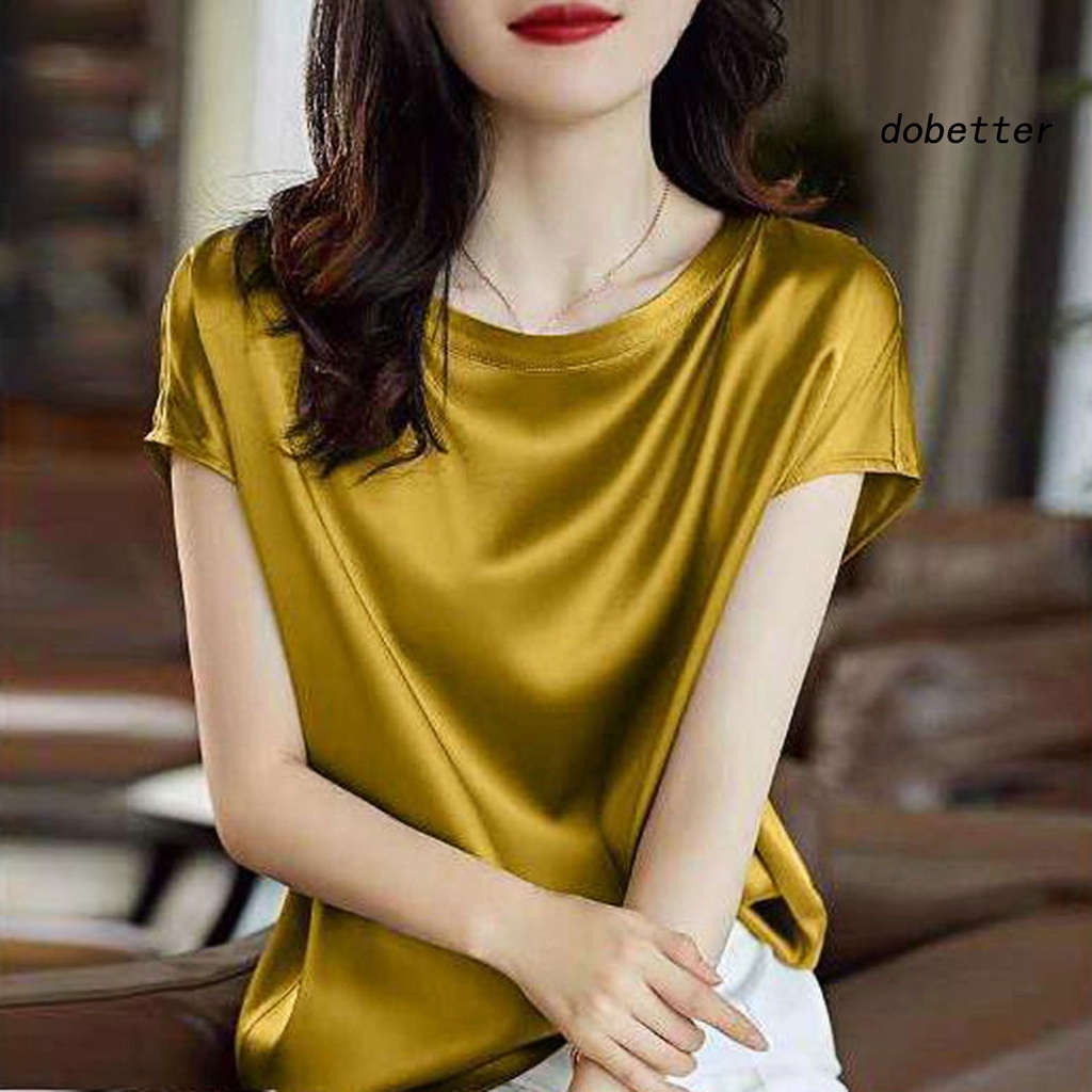 Áo Thun Satin Tay Ngắn Cổ Tròn Màu Sắc Đơn Giản Dành Cho Nữ