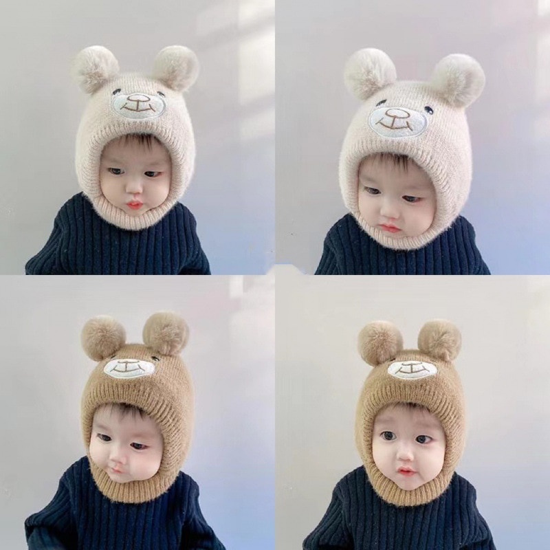 Mũ beanie Dệt Kim Trùm Tai Giữ Ấm Mùa Đông In Hình Gấu Hoạt Hình Dễ Thương Cho Bé