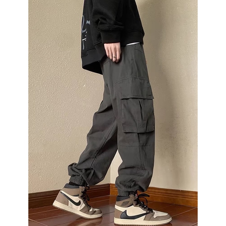 Quần Dài Dáng Rộng Vải Cotton Phối Nhiều Túi Kiểu Retro Nhật Bản Thời Trang Mùa Hè Cho Nam