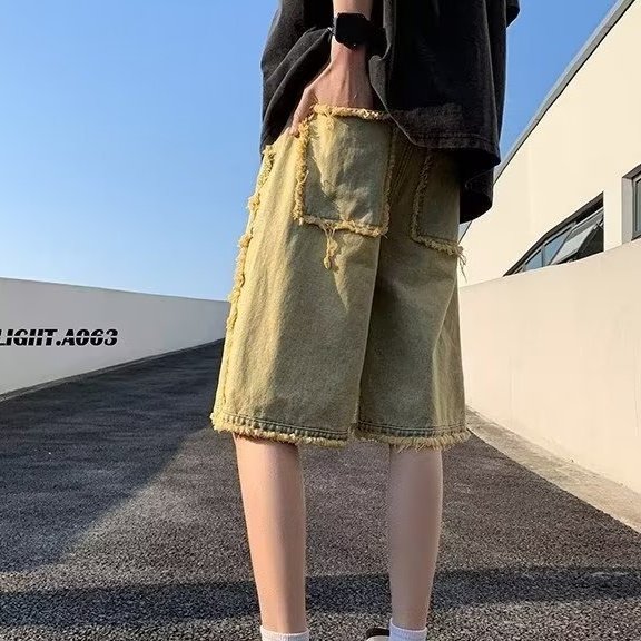 Quần Short Denim Xám Đen Phong Cách Đường Phố Mỹ Cá Tính Cho Nam