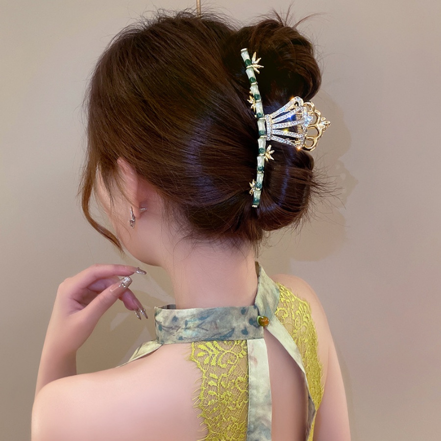 Kẹp Tóc Đuôi Ngựa Hình Vương Miện Bằng Tre Và Hợp Kim Đính Đá Pha Lê Phong Cách
