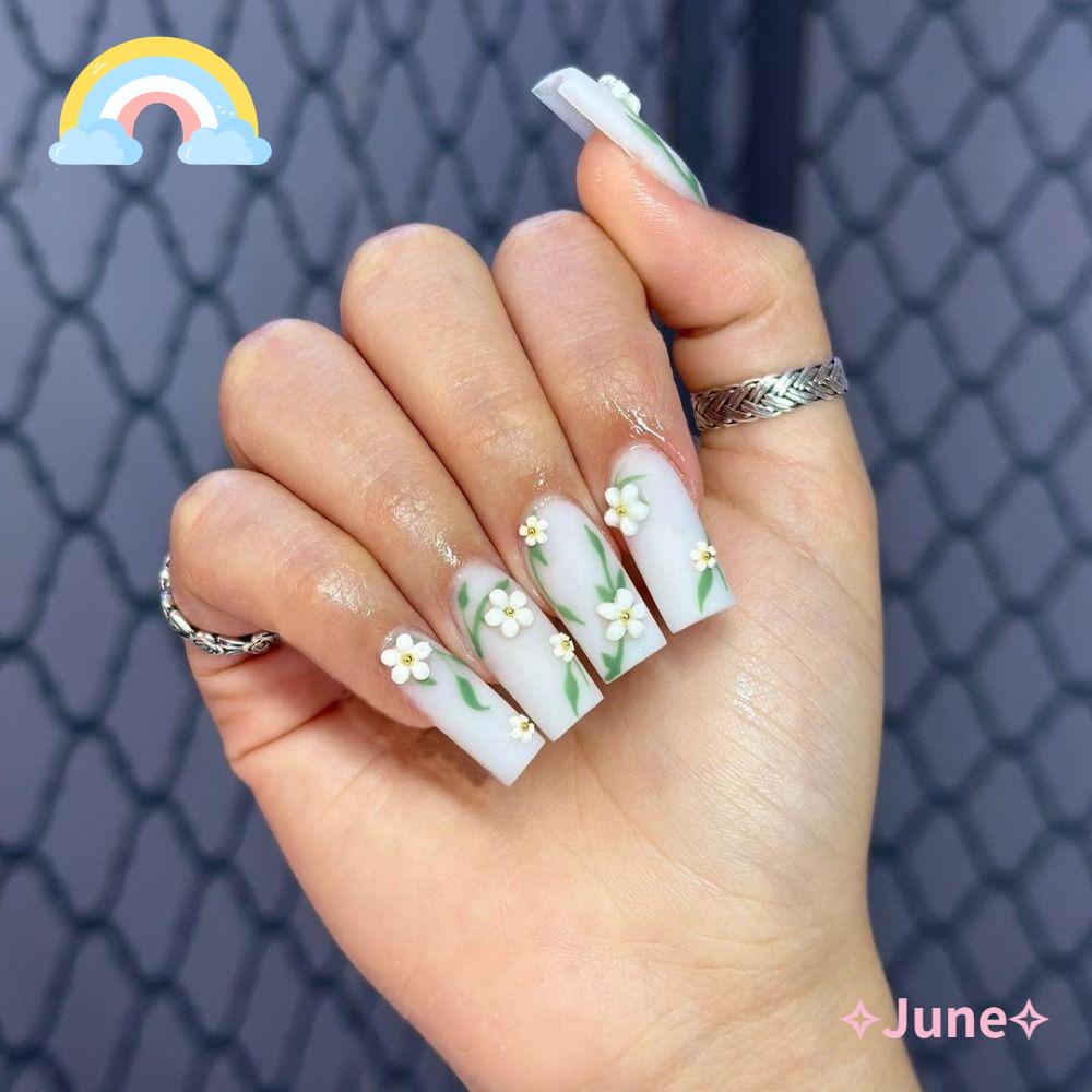 Bộ 24 Móng Tay Giả Có Thể Tháo Rời Họa Tiết Hoa Trắng DIY