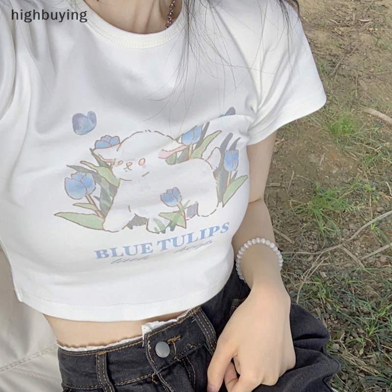 Áo Thun Lửng Tay Ngắn Cổ Tròn In Hình Cừu Hoạt Hình Phong Cách Retro Mỹ Cho Nữ