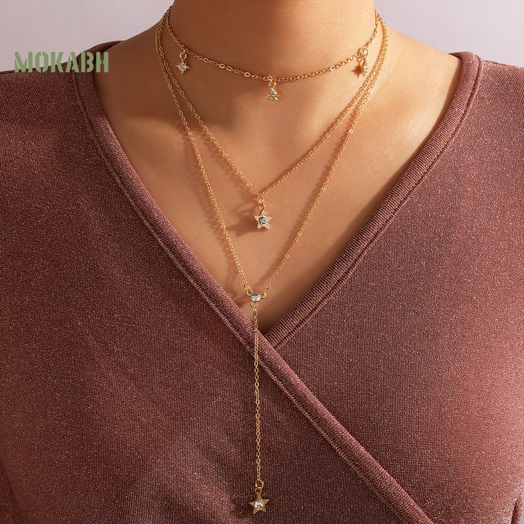 [Mok Abh] Vòng Cổ Choker Nhiều Lớp Họa Tiết Hình Ngôi Sao Năm Cánh Có Đính Đá Giả Kim Cương
