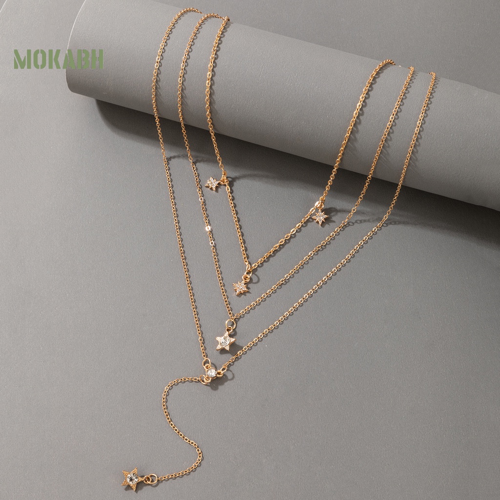 [Mok Abh] Vòng Cổ Choker Nhiều Lớp Họa Tiết Hình Ngôi Sao Năm Cánh Có Đính Đá Giả Kim Cương