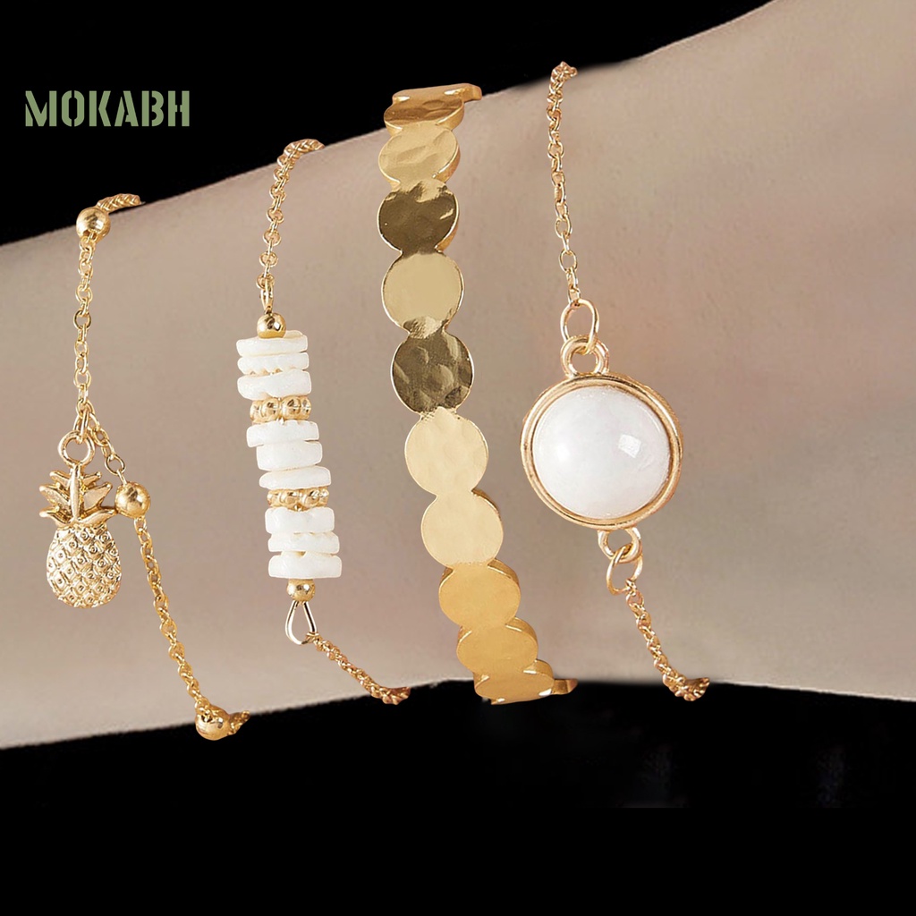 [Mok Abh] Bộ 4 Vòng Tay Hợp Kim Họa Tiết Hình Quả Dứa Phong Cách Bohemia