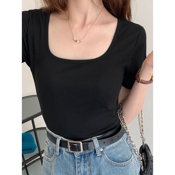 Áo Phông Nữ Cộc Tay Cổ Vuông Chất Thun Cotton Co Giãn Ôm Sát Body, Croptop Nữ Cổ Vuông Dáng Ôm Tay Ngắn - CHELY15