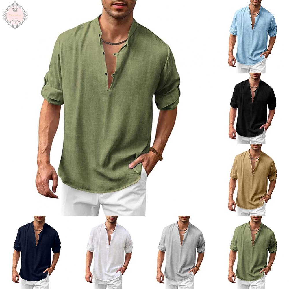 Comfortable Cotton Blend Men's Button Down Henley V Neck Long Sleeve Loose Shirt Tops