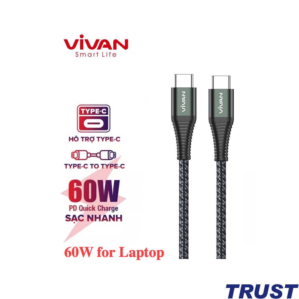 Cáp Sạc Nhanh PD 60W VIVAN KPD100S Chống Gãy Type-C to Type-C 100cm Chính Hãng
