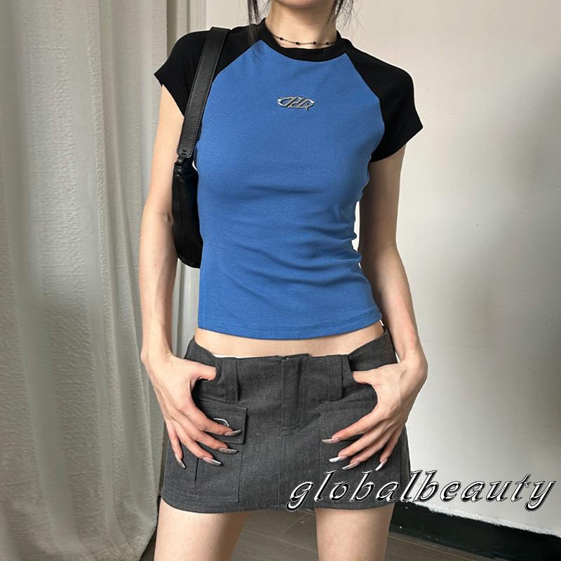 Áo Thun Croptop Ngắn Tay Cổ Tròn Màu Sắc Tương Phản Thời Trang Xuân Hè