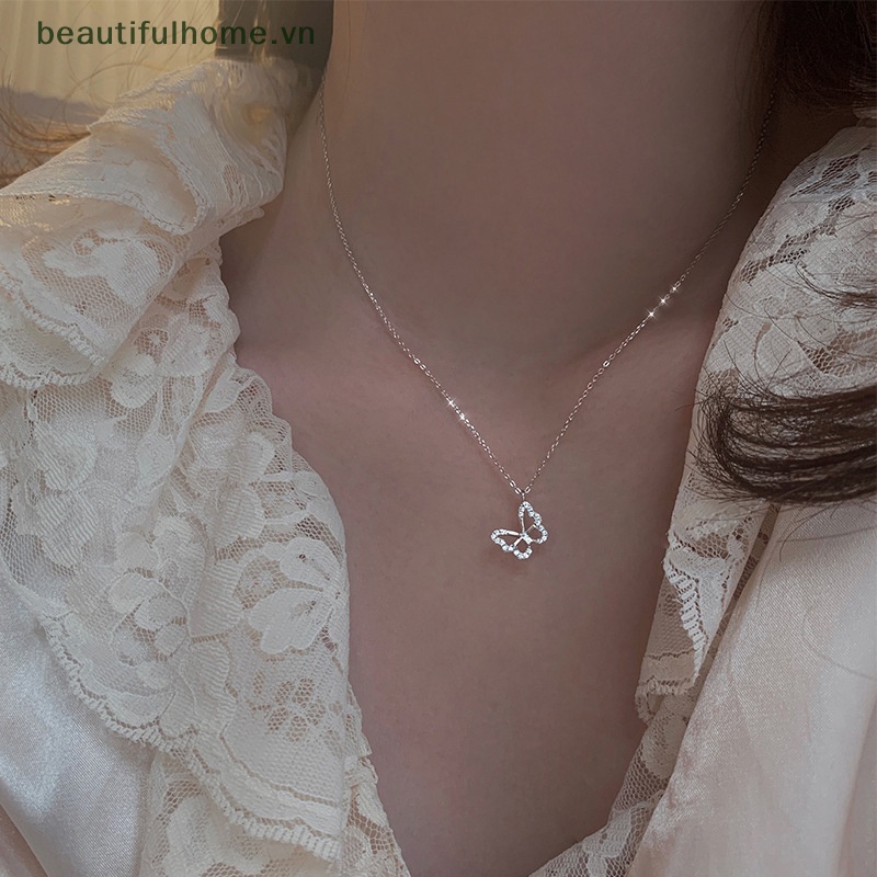 Vòng cổ Bạc Mặt Hình Bướm Rỗng Đính Đá Zircon Lấp Lánh Thời Trang Cho Nữ
