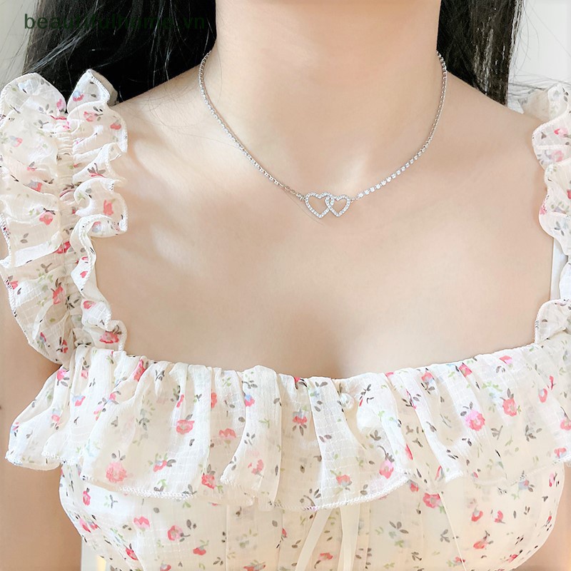 Vòng cổ Hai Trái Tim Đính Đá Kim Cương Thời Trang Hàn Quốc Dành Cho Nữ [Beautyhome]