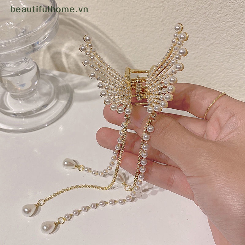 Kẹp Tóc Bướm / Cá Mập Bằng Kim Loại Đính Ngọc Trai Phong Cách Vintage Thời Trang