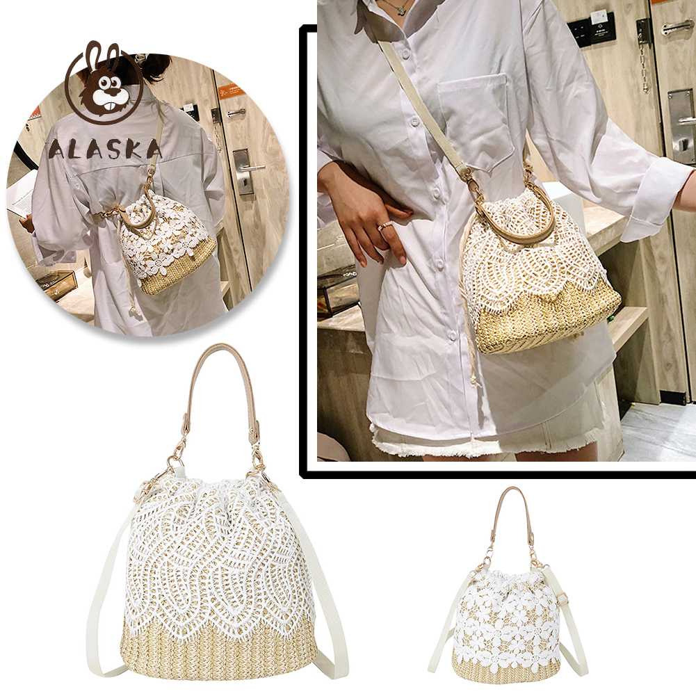 Túi Tote Đan Lát Phối Ren Handmade Thời Trang Đi Biển Xinh Xắn