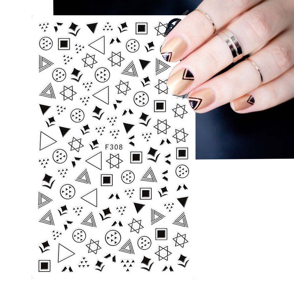 Miếng Dán Trang Trí Móng Tay Họa Tiết Hình Học Màu Đen Kiểu Pháp