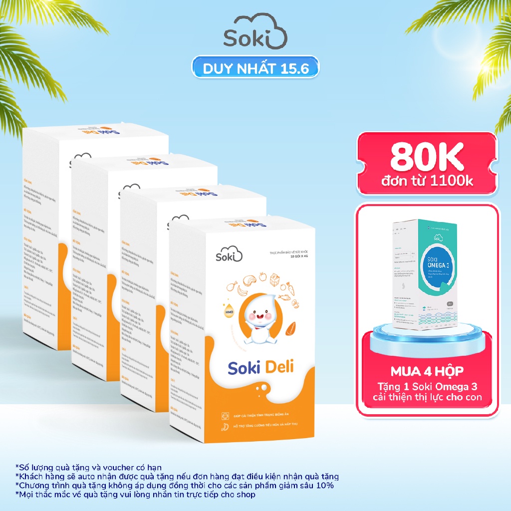 Combo 4 Hộp Bột Hòa Tan SOKI DELI Cải Thiện Tình Trạng Biếng Ăn Tăng Cường Tiêu Hóa Hấp Thu Cho Trẻ - 4 hộp (hộp 18 gói)