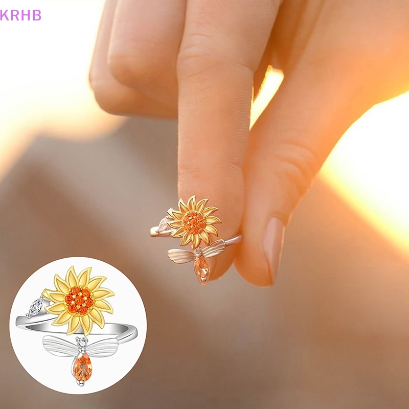 Nhẫn Đồng Đính Đá Zircon Hình Hoa Hướng Dương / Ong Xoay Điều Chỉnh Được Giúp Giảm Căng Thẳng Cho Nữ Mới