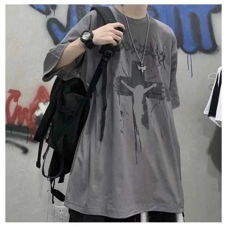 Áo Thun Tay Lỡ Dáng Rộng In Chữ Thập Phong Cách Đường Phố Thời Trang Mùa Hè Cho Nam
