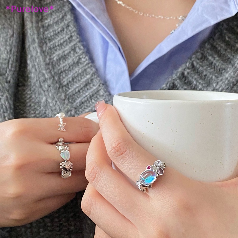 Nhẫn Hở Đính Đá Mặt Trăng Zircon Hồng Xinh Xắn Thời Trang Vintage Mới