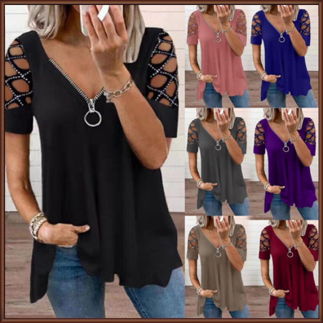 Áo Thun Tay Ngắn Cổ Chữ V Khoét Lỗ Màu Sắc Thời Trang Mùa Hè Cho Nữ