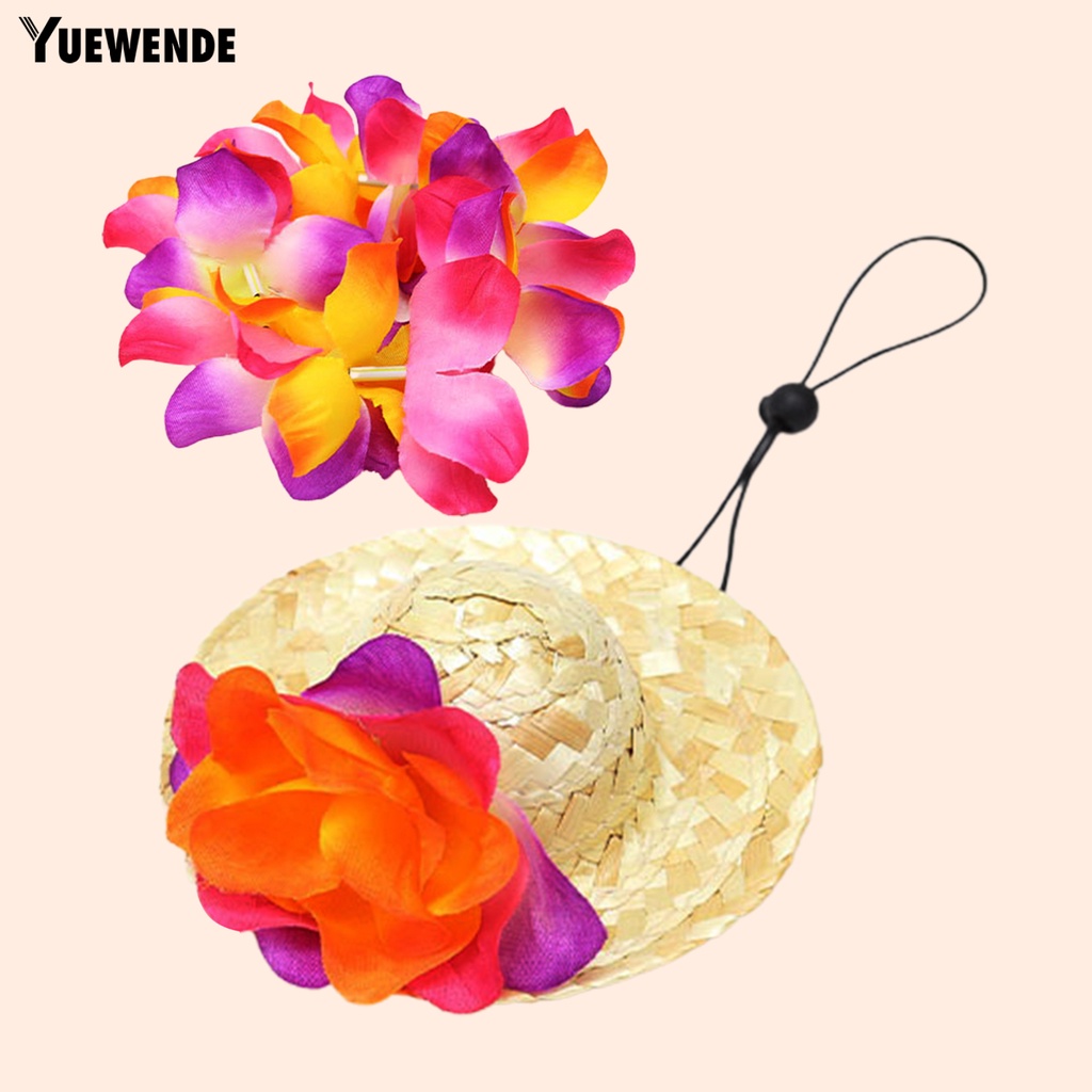 Yq.e Mũ Rơm Hawaiian Thoáng Khí Màu Tươi Sáng Kèm Vòng Hoa Cho Thú Cưng