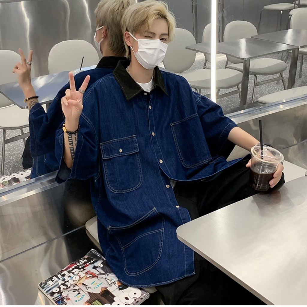 Áo Sơ Mi Denim Tay Ngắn Dáng Rộng Phối Túi Độc Đáo Phong Cách Nhật Bản Thời Trang Cho Nam Và Nữ