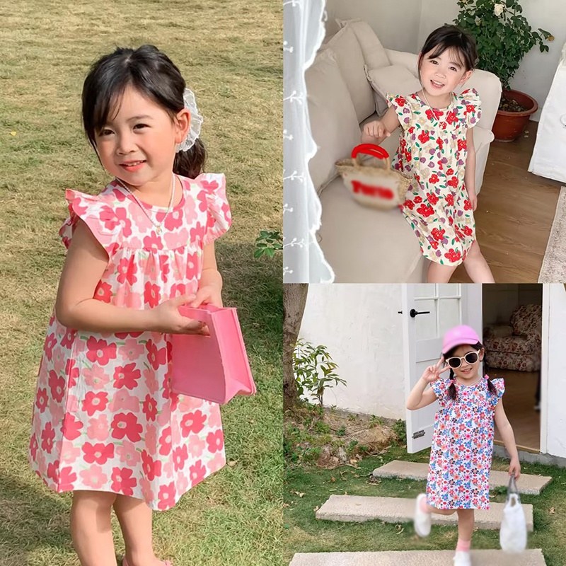 Đầm Công Chúa Cổ Tròn Tay Bay In Hoa Phong Cách Hàn Quốc Thời Trang Mùa Hè Dành Cho Bé Gái