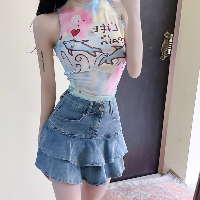 Áo Thun Không Tay Dáng Ôm Họa Tiết Hoạt Hình Nhiều Màu Sắc