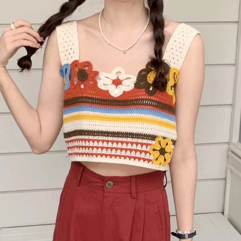 Áo Croptop Hai Dây Dệt Kim Họa Tiết Hoa Xinh Xắn Thời Trang Cho Nữ