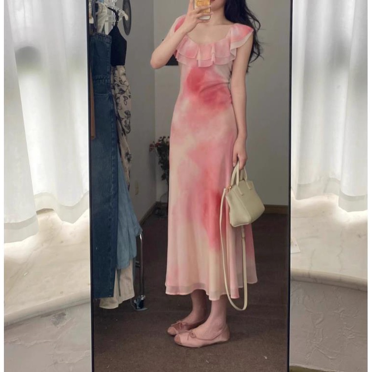 Đầm Chiffon Cổ Vuông Viền Bèo Màu Hồng Phong Cách Hàn Quốc Chất Lượng Cao